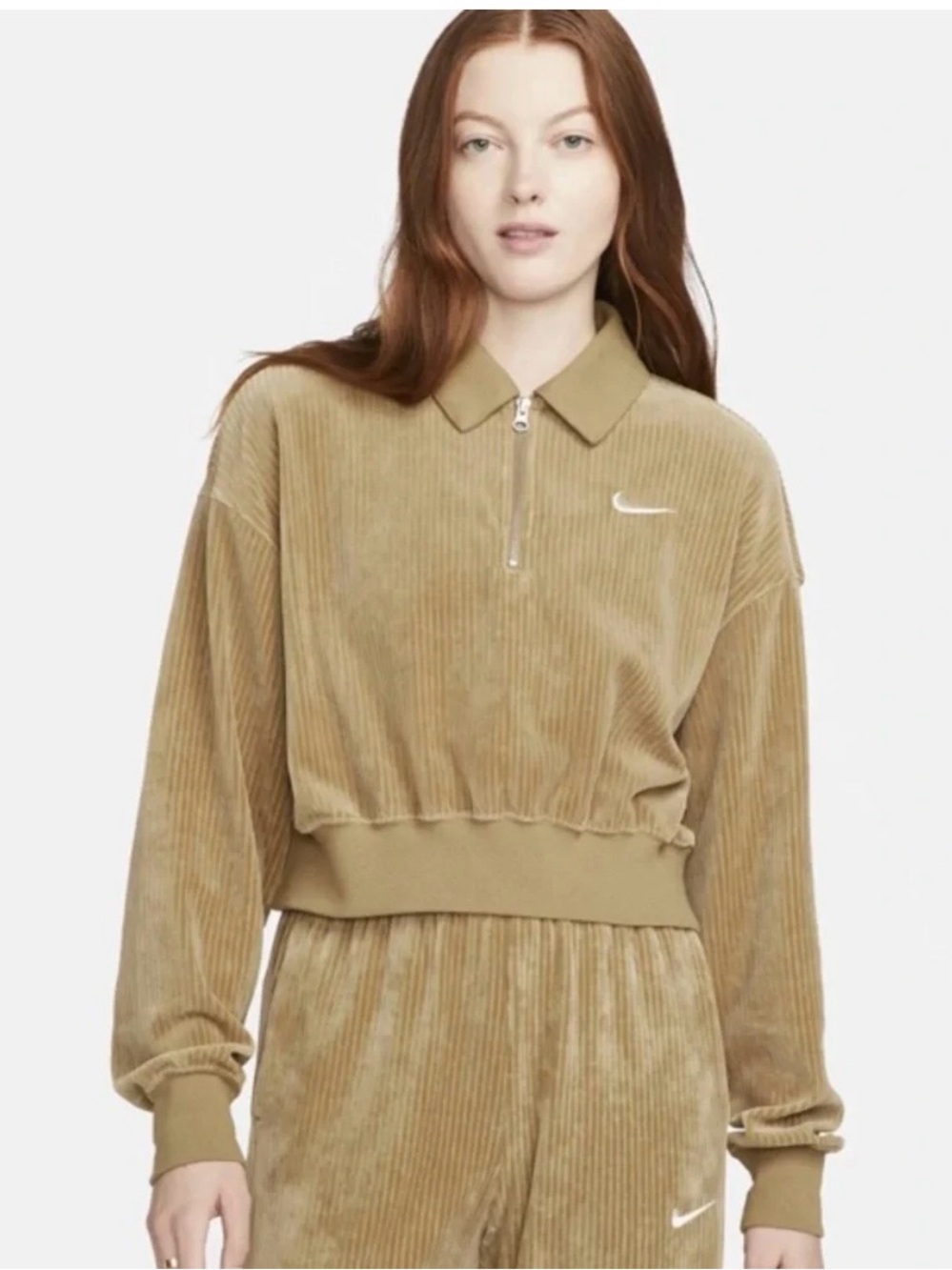 Nike Women’s Cropped Corduroy Half-Zip Pullover Sweatshirt — Tan